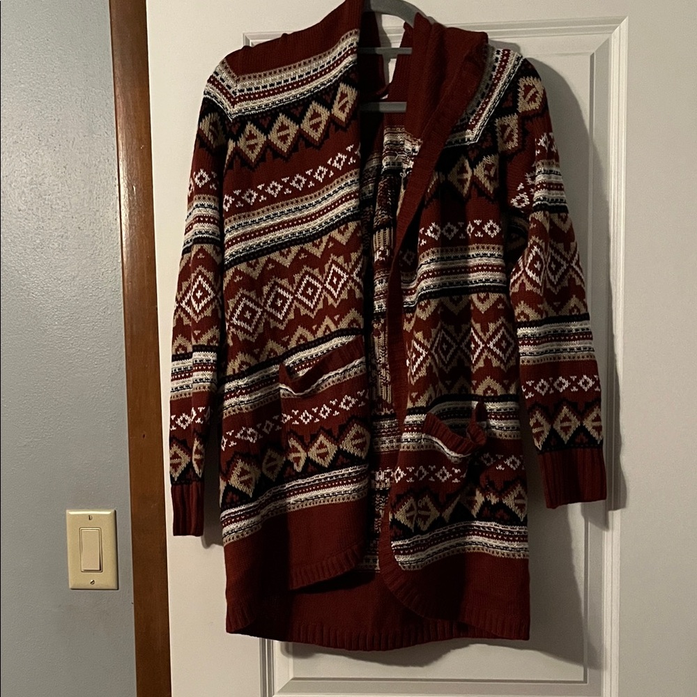 Women's Patterned Sweater Hooded Cardigan - Rust and Black